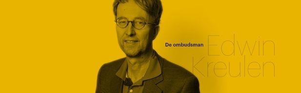 Illustratie bij de rubriek De Ombudsman uit Trouw. Een gele balk met een foto en de naam Edwin Keulen